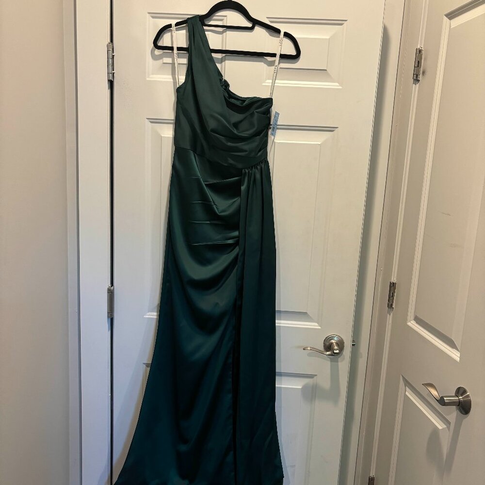 Galina Signature: One Shoulder Stretch Satin Dress, size 6, in Juniper (Green)
